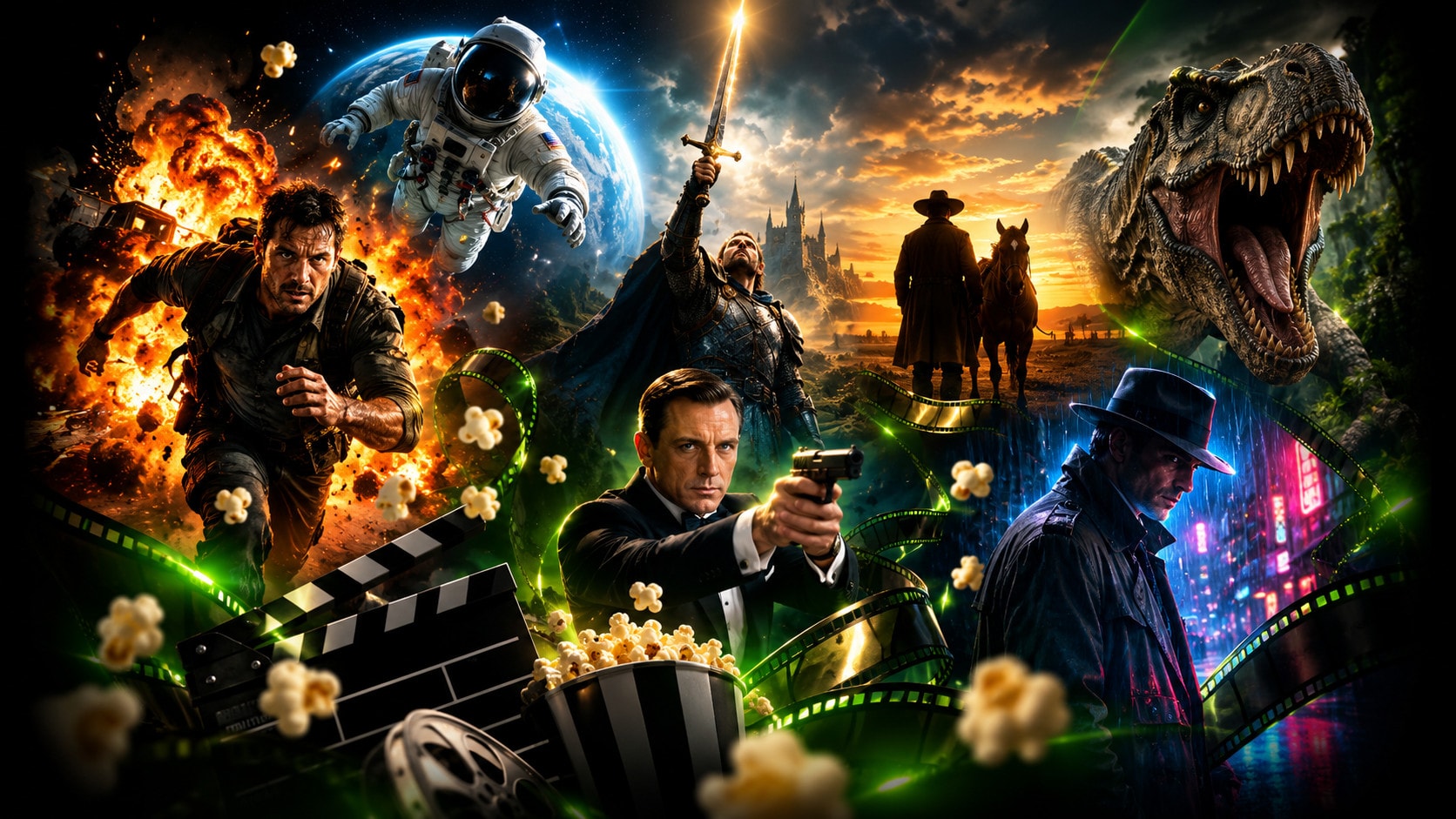 Cenas de todos os gêneros de cinema em uma montagem: ação, ficção científica, fantasia, faroeste, espionagem e suspense