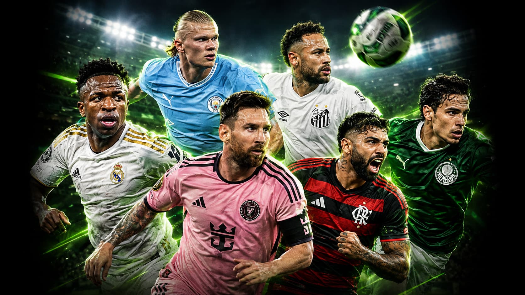 Craques do futebol brasileiro e europeu, cada um com a camisa do seu clube
