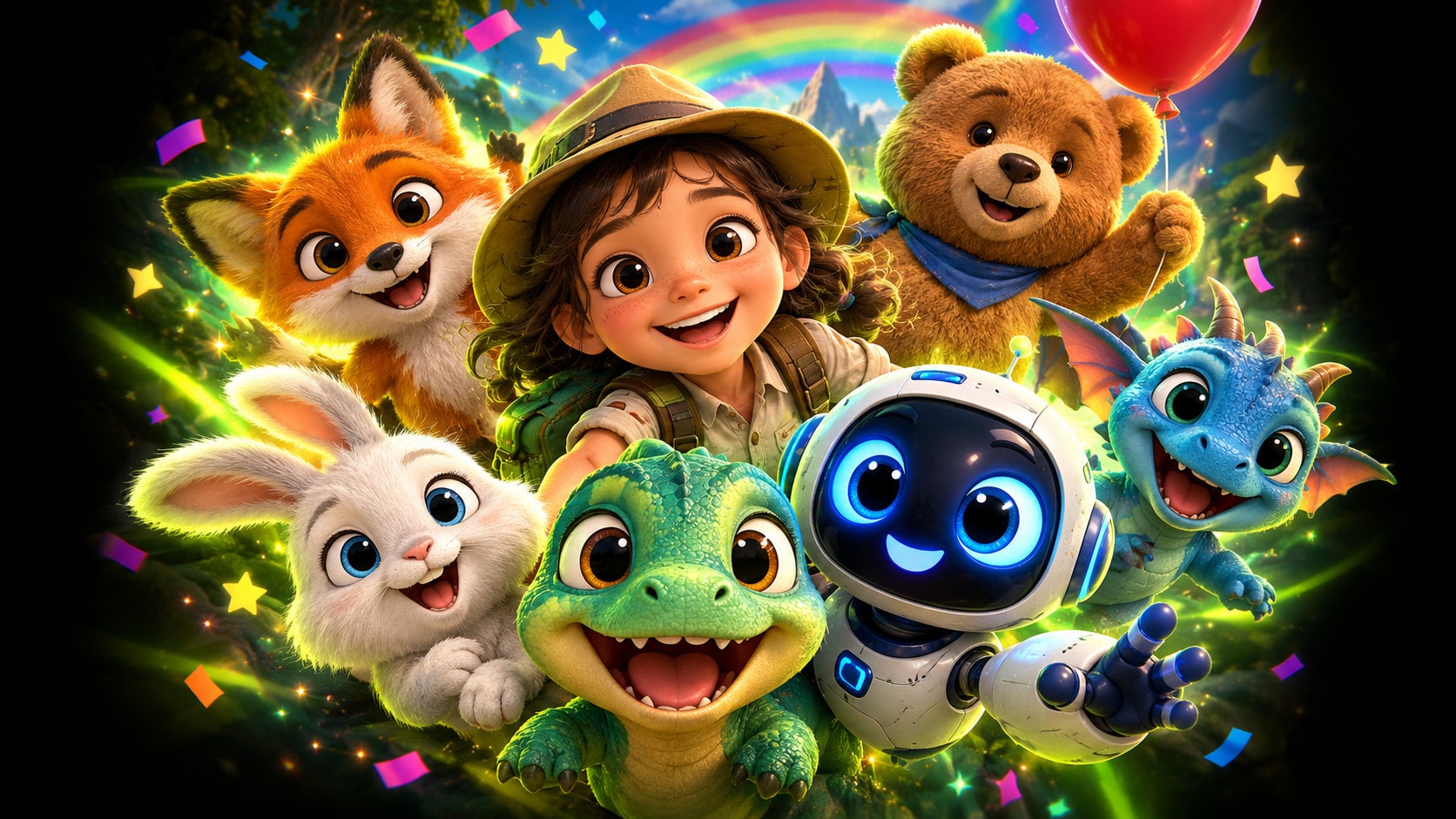 Personagens infantis animados: uma menina exploradora, raposa, urso, coelho, dinossauro, robô e dragão